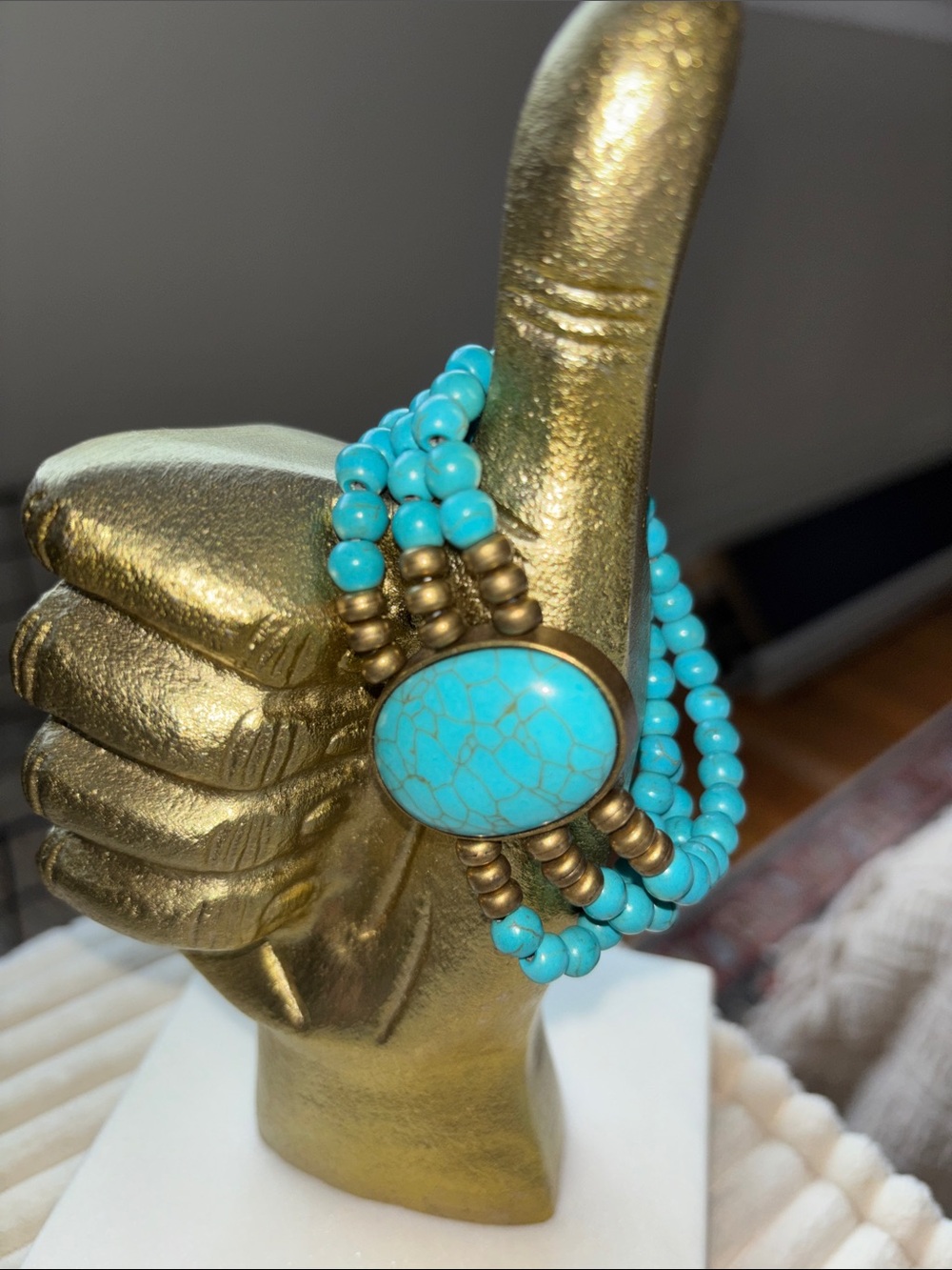 Turquoise Beaded Statement Bracelet with Antique Gold Accents